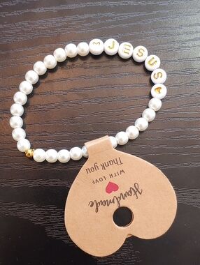 Jesus Pearl Beaded Bracelet White and Gold Beads